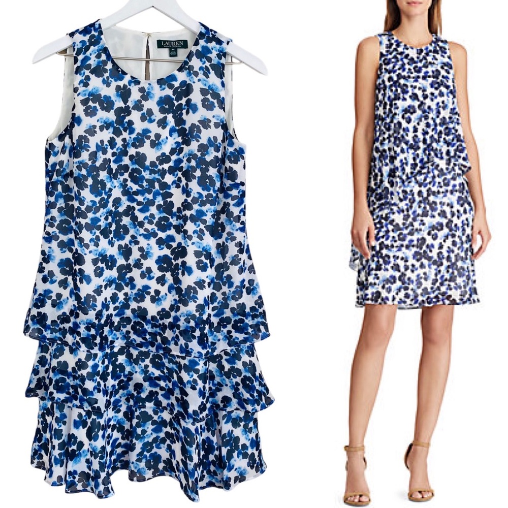 Ralph Lauren Blue & White Floral Georgette Tiered Flowy Sleeveless Dress Size 8